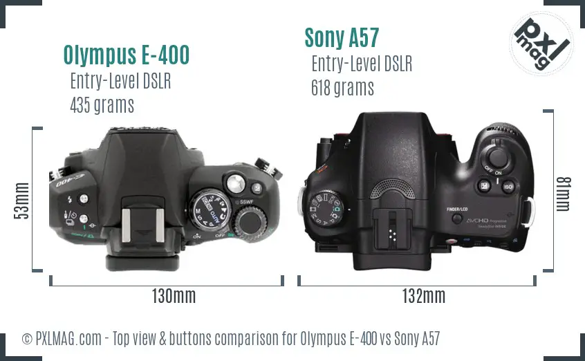 Olympus E-400 vs Sony A57 top view buttons comparison