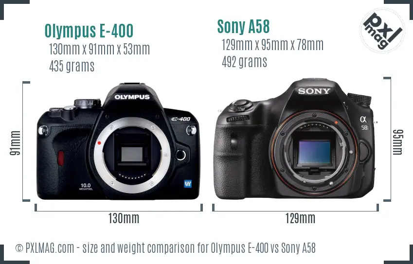 Olympus E-400 vs Sony A58 size comparison