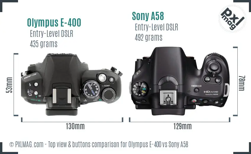 Olympus E-400 vs Sony A58 top view buttons comparison