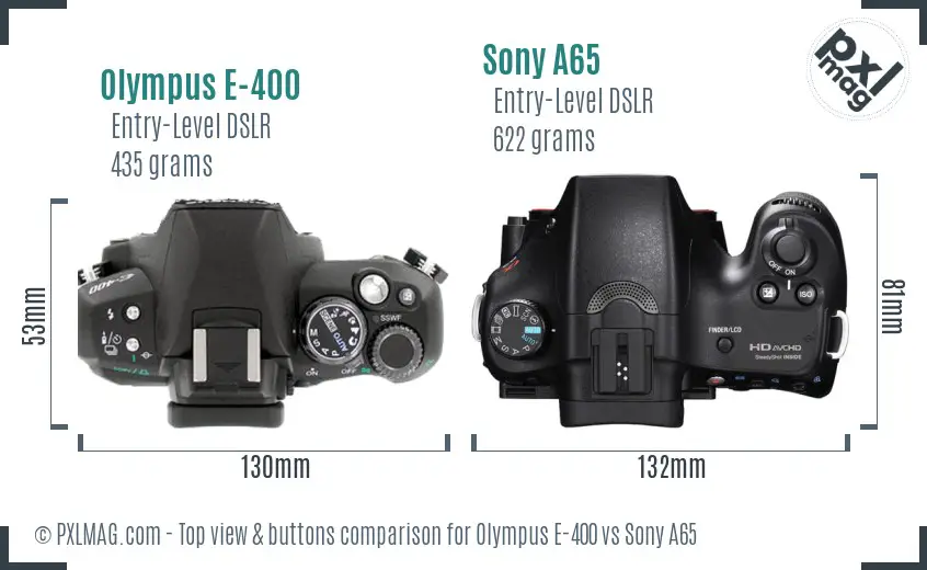 Olympus E-400 vs Sony A65 top view buttons comparison