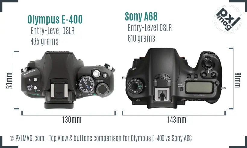 Olympus E-400 vs Sony A68 top view buttons comparison