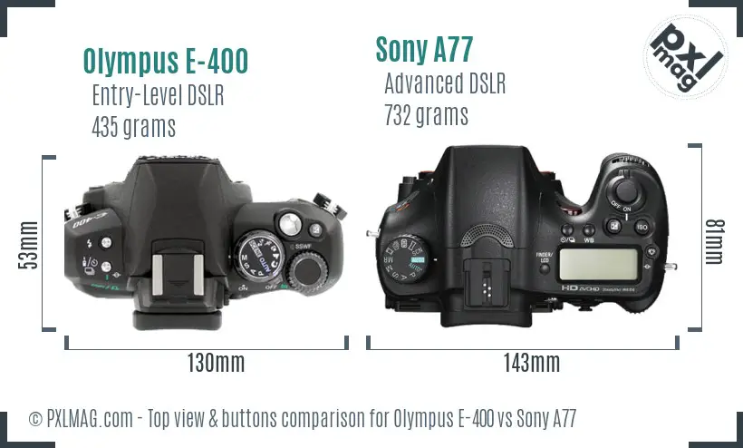 Olympus E-400 vs Sony A77 top view buttons comparison Olympus E-400 vs Sony A77 top view buttons comparison