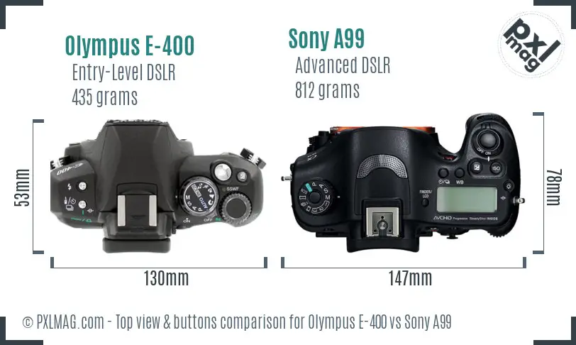 Olympus E-400 vs Sony A99 top view buttons comparison Olympus E-400 vs Sony A99 top view buttons comparison