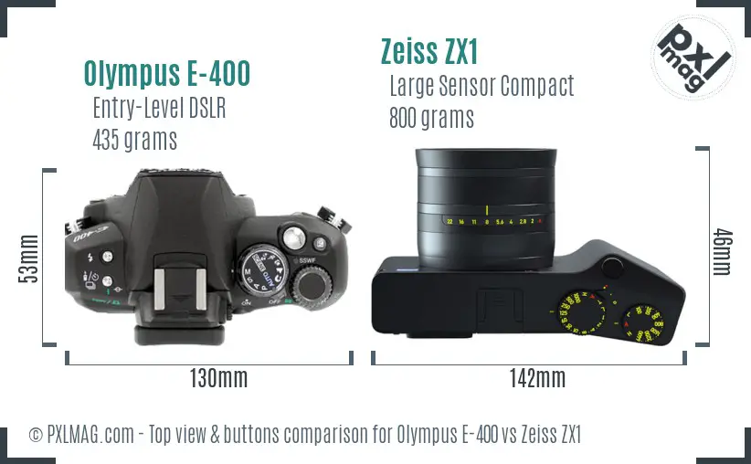 Olympus E-400 vs Zeiss ZX1 top view buttons comparison