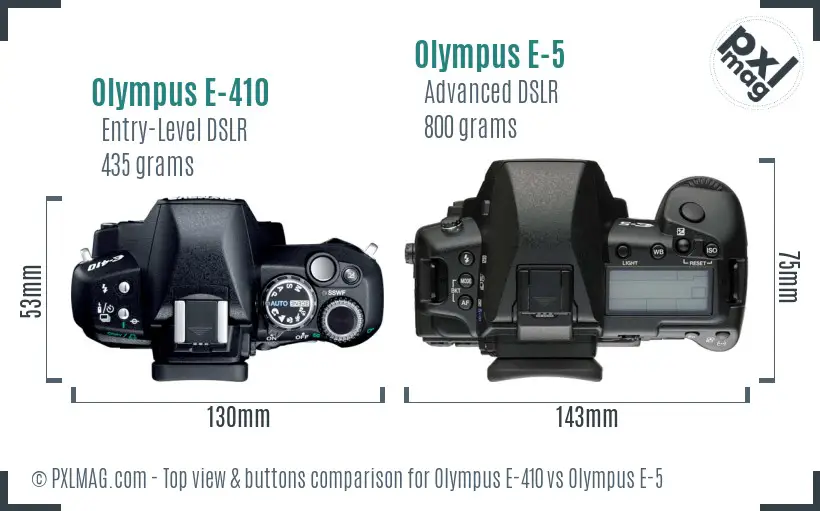 Olympus E-410 vs Olympus E-5 top view buttons comparison