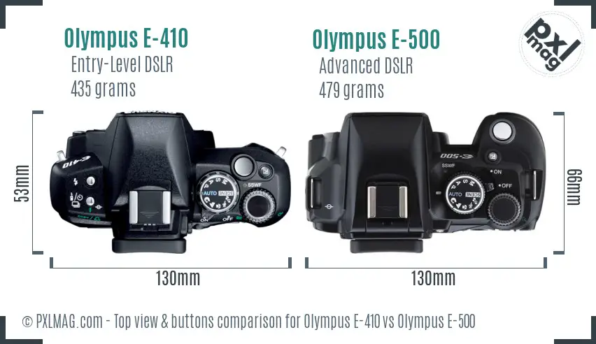 Olympus E-410 vs Olympus E-500 top view buttons comparison