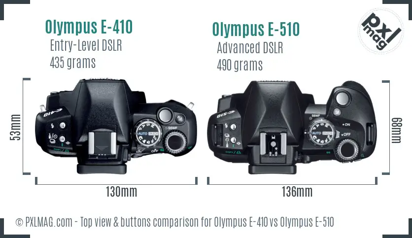 Olympus E-410 vs Olympus E-510 top view buttons comparison