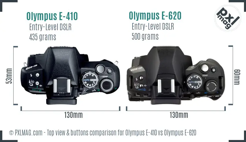 Olympus E-410 vs Olympus E-620 top view buttons comparison