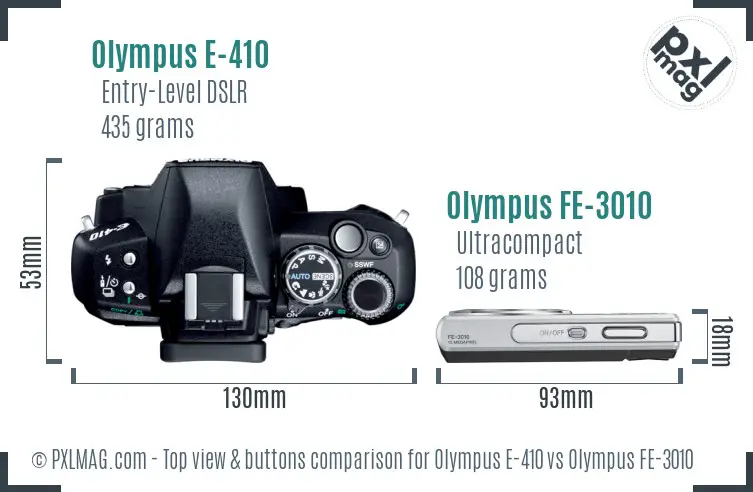Olympus E-410 vs Olympus FE-3010 top view buttons comparison