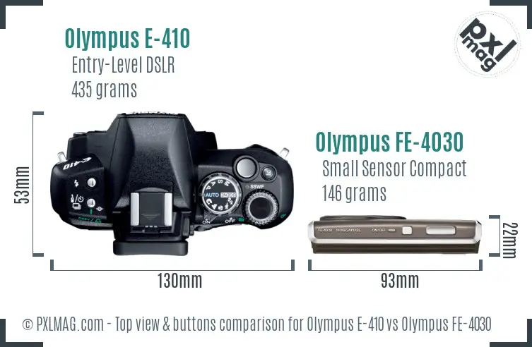 Olympus E-410 vs Olympus FE-4030 top view buttons comparison