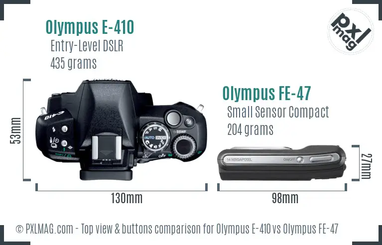 Olympus E-410 vs Olympus FE-47 top view buttons comparison