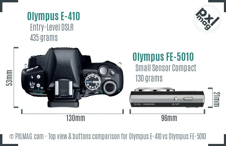 Olympus E-410 vs Olympus FE-5010 top view buttons comparison