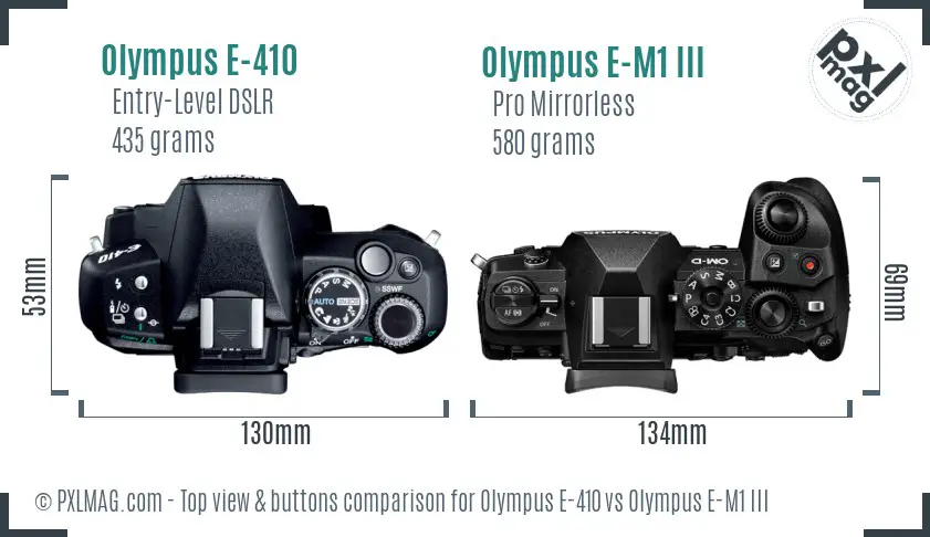 Olympus E-410 vs Olympus E-M1 III top view buttons comparison