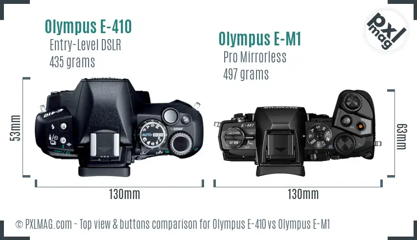 Olympus E-410 vs Olympus E-M1 top view buttons comparison