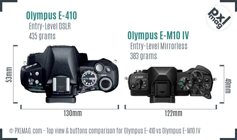 Olympus E-410 vs Olympus E-M10 IV top view buttons comparison