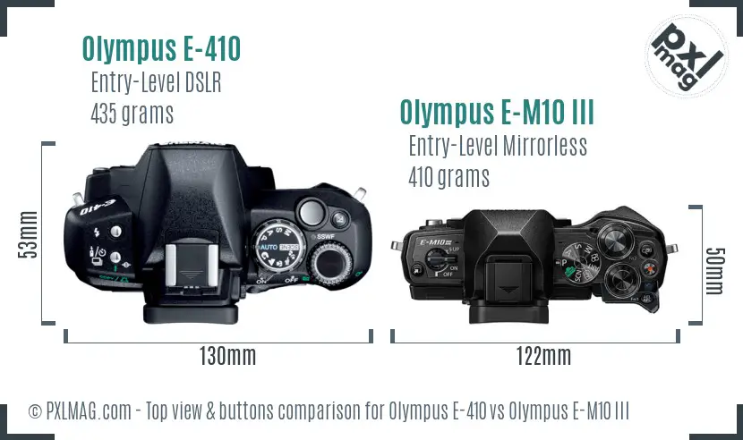 Olympus E-410 vs Olympus E-M10 III top view buttons comparison