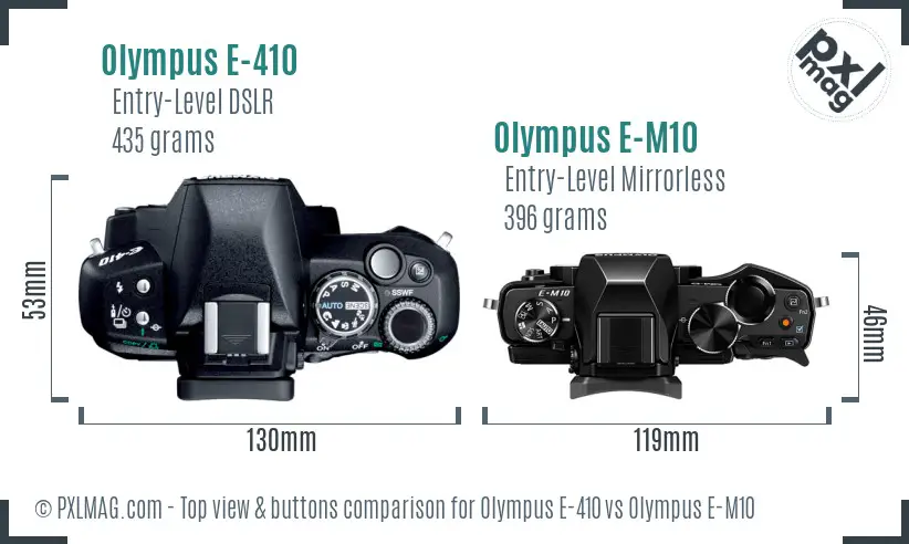 Olympus E-410 vs Olympus E-M10 top view buttons comparison