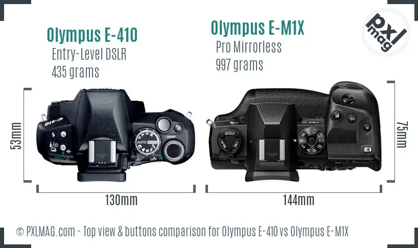 Olympus E-410 vs Olympus E-M1X top view buttons comparison