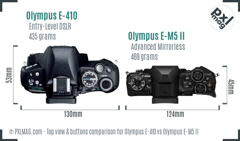 Olympus E-410 vs Olympus E-M5 II top view buttons comparison