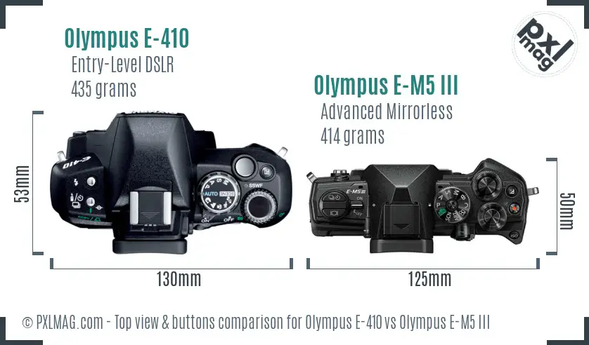 Olympus E-410 vs Olympus E-M5 III top view buttons comparison