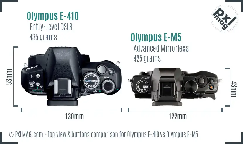 Olympus E-410 vs Olympus E-M5 top view buttons comparison