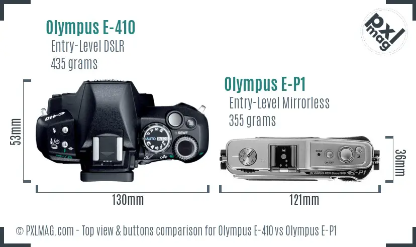 Olympus E-410 vs Olympus E-P1 top view buttons comparison