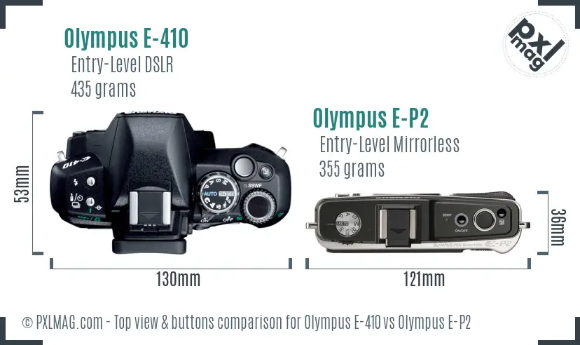 Olympus E-410 vs Olympus E-P2 top view buttons comparison