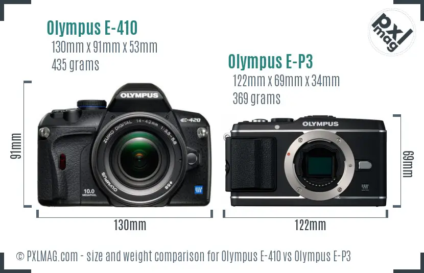 Olympus E-410 vs Olympus E-P3 size comparison