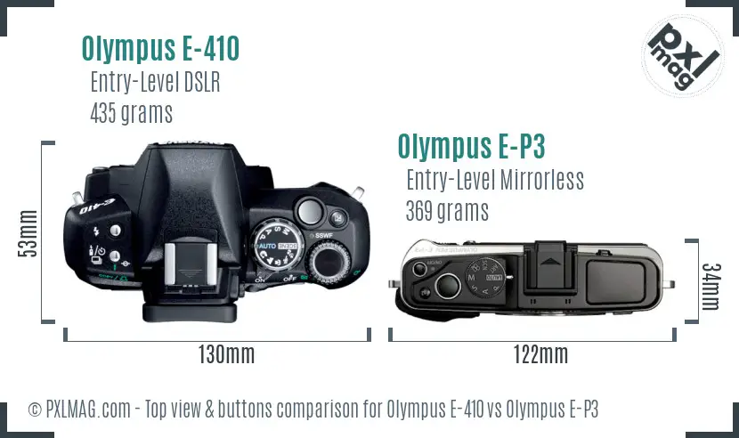 Olympus E-410 vs Olympus E-P3 top view buttons comparison