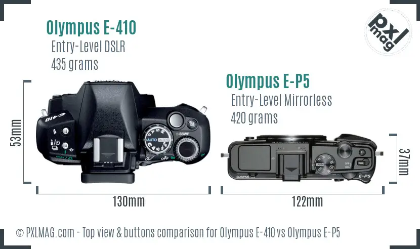 Olympus E-410 vs Olympus E-P5 top view buttons comparison