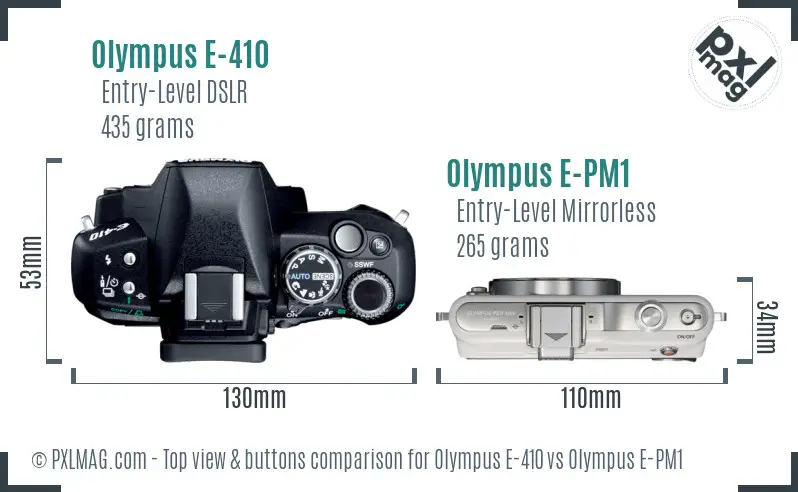 Olympus E-410 vs Olympus E-PM1 top view buttons comparison