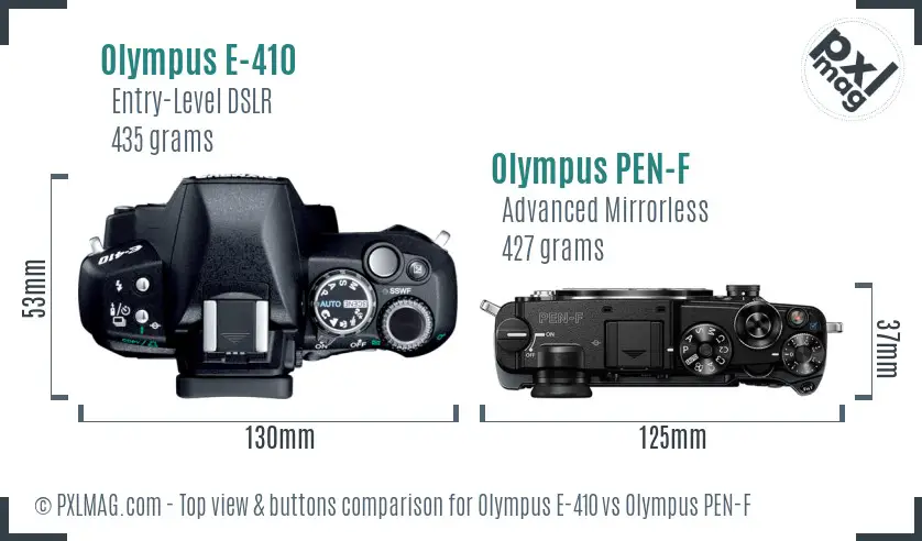 Olympus E-410 vs Olympus PEN-F top view buttons comparison