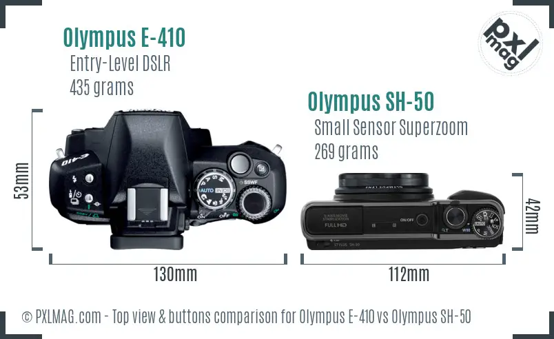 Olympus E-410 vs Olympus SH-50 top view buttons comparison