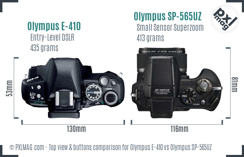 Olympus E-410 vs Olympus SP-565UZ top view buttons comparison