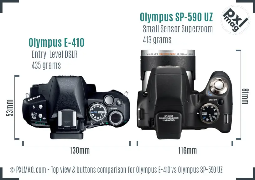 Olympus E-410 vs Olympus SP-590 UZ top view buttons comparison