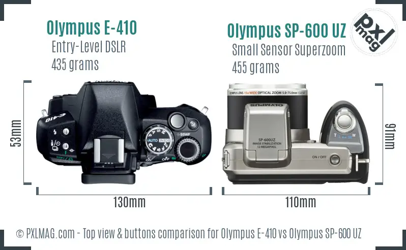 Olympus E-410 vs Olympus SP-600 UZ top view buttons comparison
