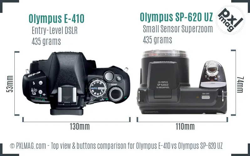 Olympus E-410 vs Olympus SP-620 UZ top view buttons comparison