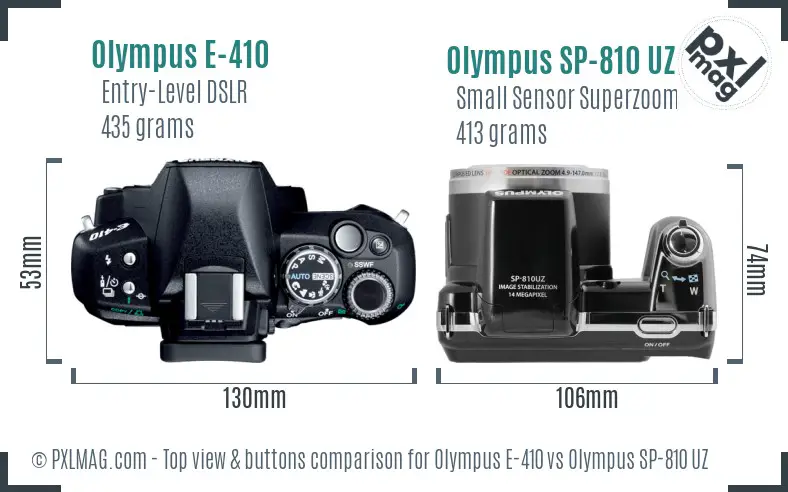 Olympus E-410 vs Olympus SP-810 UZ top view buttons comparison