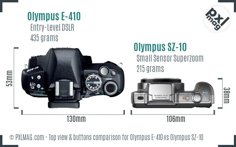 Olympus E-410 vs Olympus SZ-10 top view buttons comparison