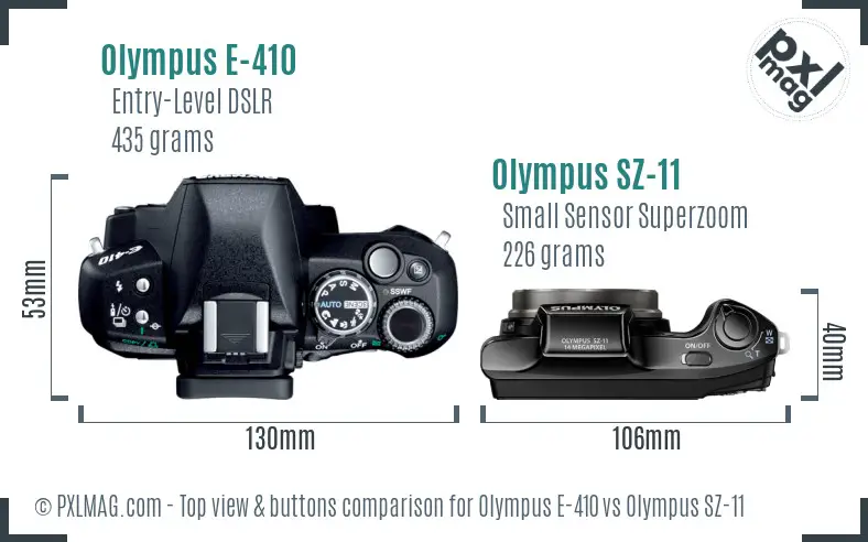 Olympus E-410 vs Olympus SZ-11 top view buttons comparison