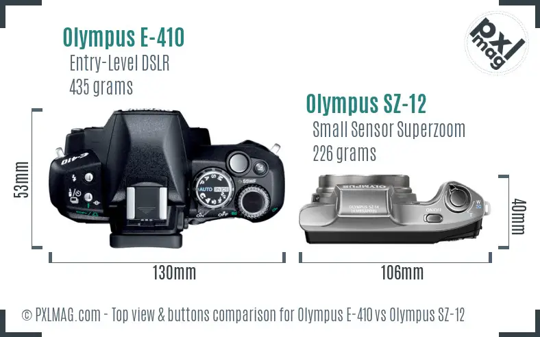 Olympus E-410 vs Olympus SZ-12 top view buttons comparison
