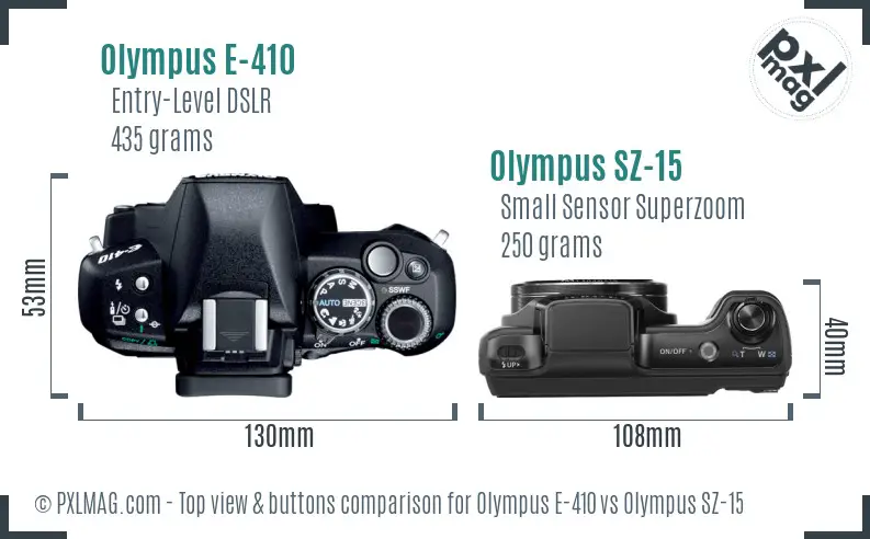 Olympus E-410 vs Olympus SZ-15 top view buttons comparison