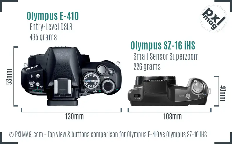 Olympus E-410 vs Olympus SZ-16 iHS top view buttons comparison