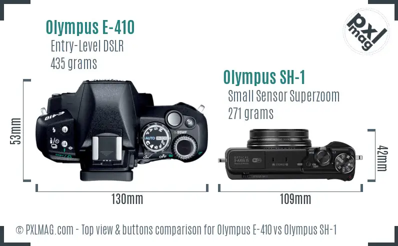 Olympus E-410 vs Olympus SH-1 top view buttons comparison
