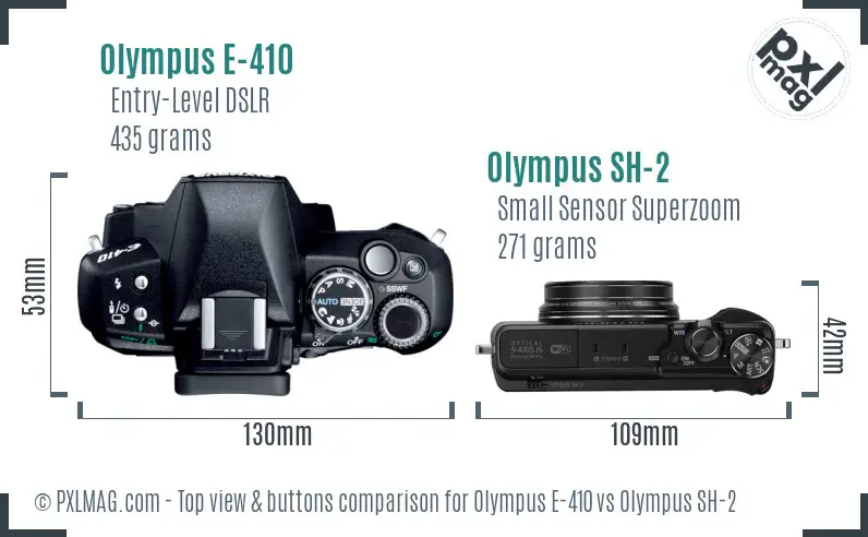 Olympus E-410 vs Olympus SH-2 top view buttons comparison