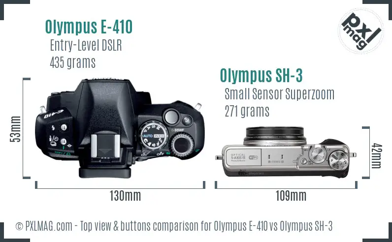 Olympus E-410 vs Olympus SH-3 top view buttons comparison