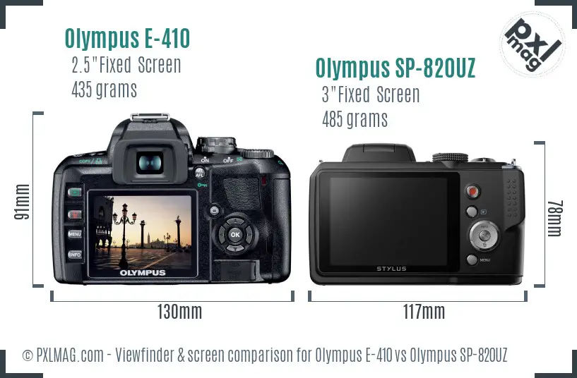 Olympus E-410 vs Olympus SP-820UZ Screen and Viewfinder comparison
