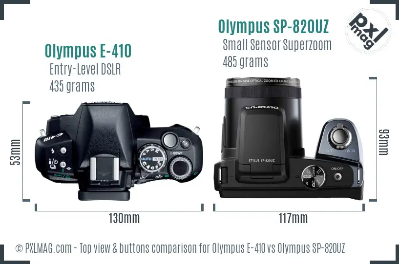 Olympus E-410 vs Olympus SP-820UZ top view buttons comparison