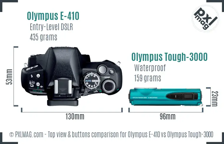 Olympus E-410 vs Olympus Tough-3000 top view buttons comparison