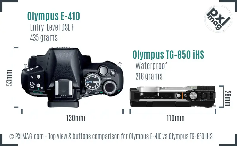 Olympus E-410 vs Olympus TG-850 iHS top view buttons comparison